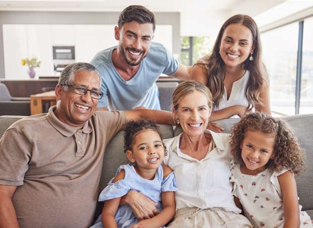 happy big family smile and sofa portrait in home