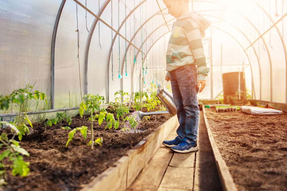 kid watering garden